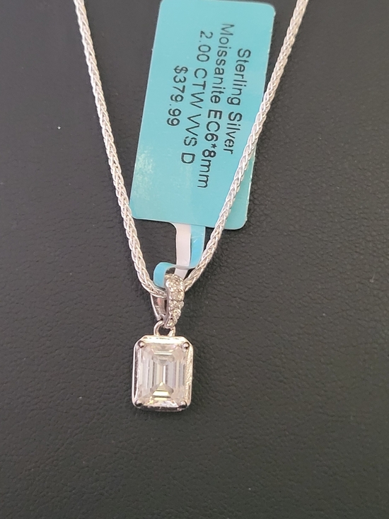 Jewelry - Sterling Silver Moissanite Emerald-Cut Pendant Necklace - White 18 Inches